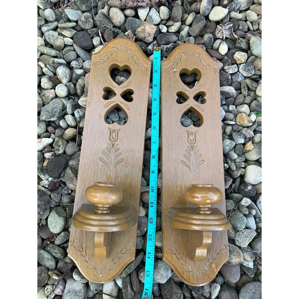 Vintage 1980s Burwood Heart Cutout & Tulip Flower Faux Wood Wall Sconces 15